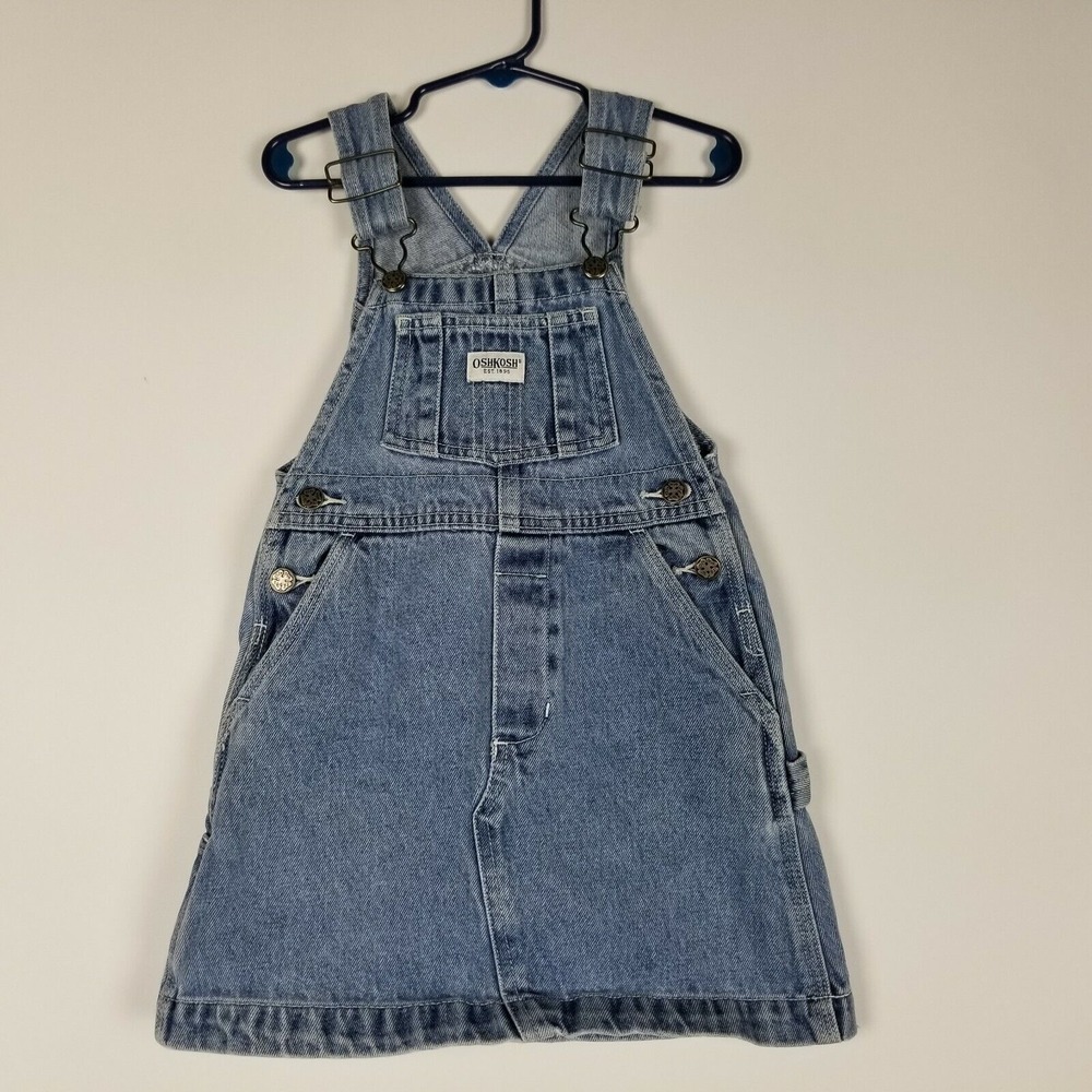 Oshkosh Girls Toddler Size 4T Bib Overall Blue Denim Dress Adjustable Straps